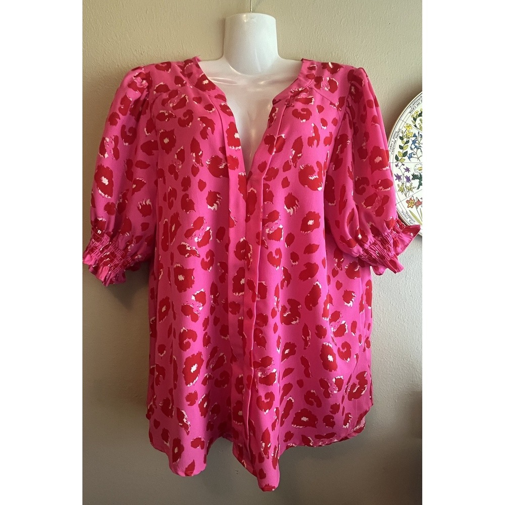 Jodifl Blouse M Pink Red White Leopard Print Puff Sleeve V-Neck Ruffle Accent